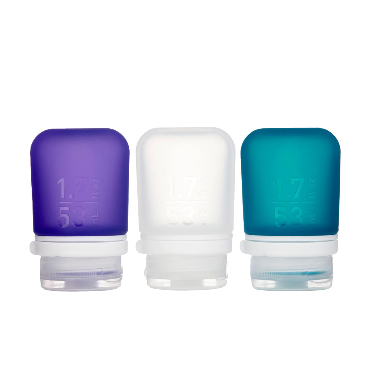 humangear GoToob+ 3-Pack, Small (1.7 fl oz), Clear/Purple/Teal | Refillable & Leak-Proof Silicone Travel Size Bottles with Locking Cap for Toiletries, Camping & TSA Carry-On