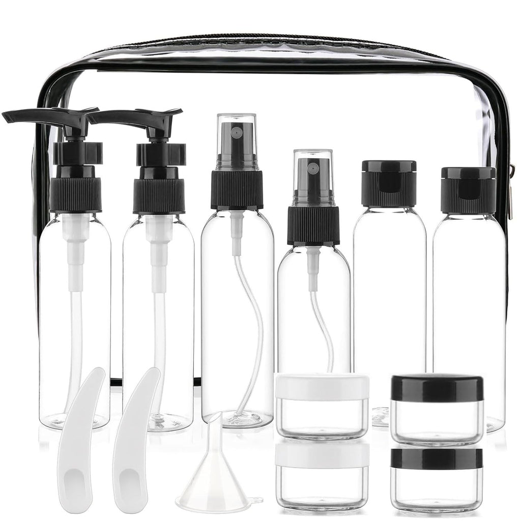 Cosywell 13-Piece 2 oz TSA Approved Travel Bottles for Toiletries Kit | Refillable set Includes Pump, Spray and Flip-cap Bottles, Cream Jars, Spatulas, Funnel and Clear Bag for Shampoo and Lotion