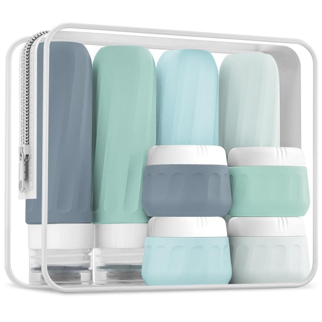 Mrsdry Travel Bottles for Toiletries 8 Pack, Travel Size Toiletries, Tsa Approved Travel Size Containers 3oz, with Travel Essentials Clear Bag, Leak Proof Silicone Squeezable Creams Jars