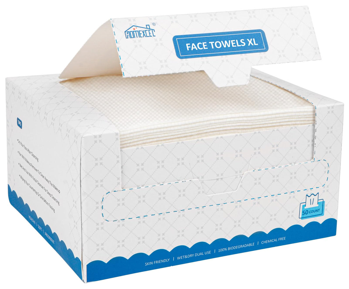 HOMEXCEL Face Towels, Disposable Face Towelette Ultra Soft & Absorbent | Biodegradable Makeup Remover Dry Wipes, Clean Facial Wash Cloth for All Skin, Lint-Free for Skincare & Cleansing, 50 Count
