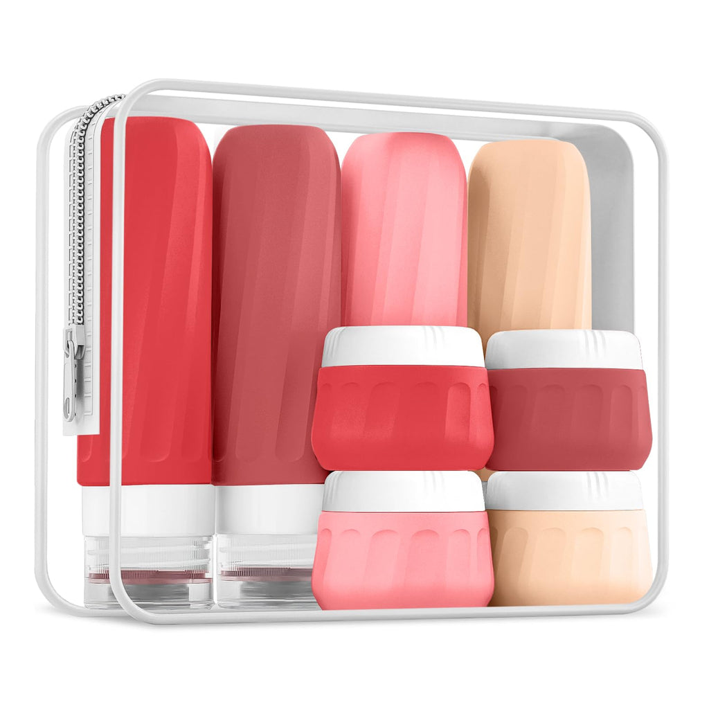 Mrsdry Travel Bottles for Toiletries 8 Pack, Travel Size Toiletries, Tsa Approved Travel Size Containers 3oz, with Travel Essentials Clear Bag, Leak Proof Silicone Squeezable Creams Jars
