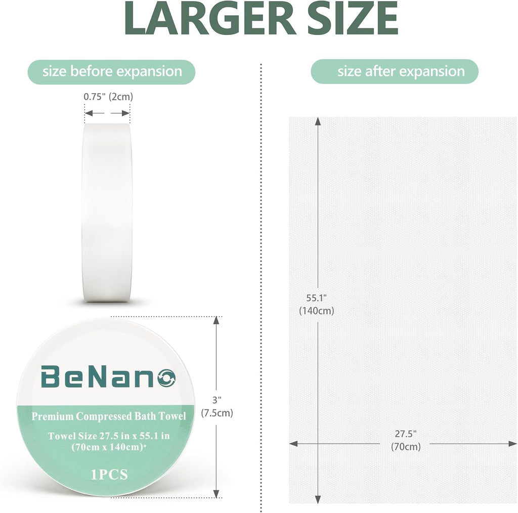 Benano 55.1x27.5 in Compressed Bath Towel Tablets | Travel Towel, 5 Pack | Water-activated, large reusable compact bath towels. Perfect for camping, hotel, hiking, sports, beach, swimming, vacation.