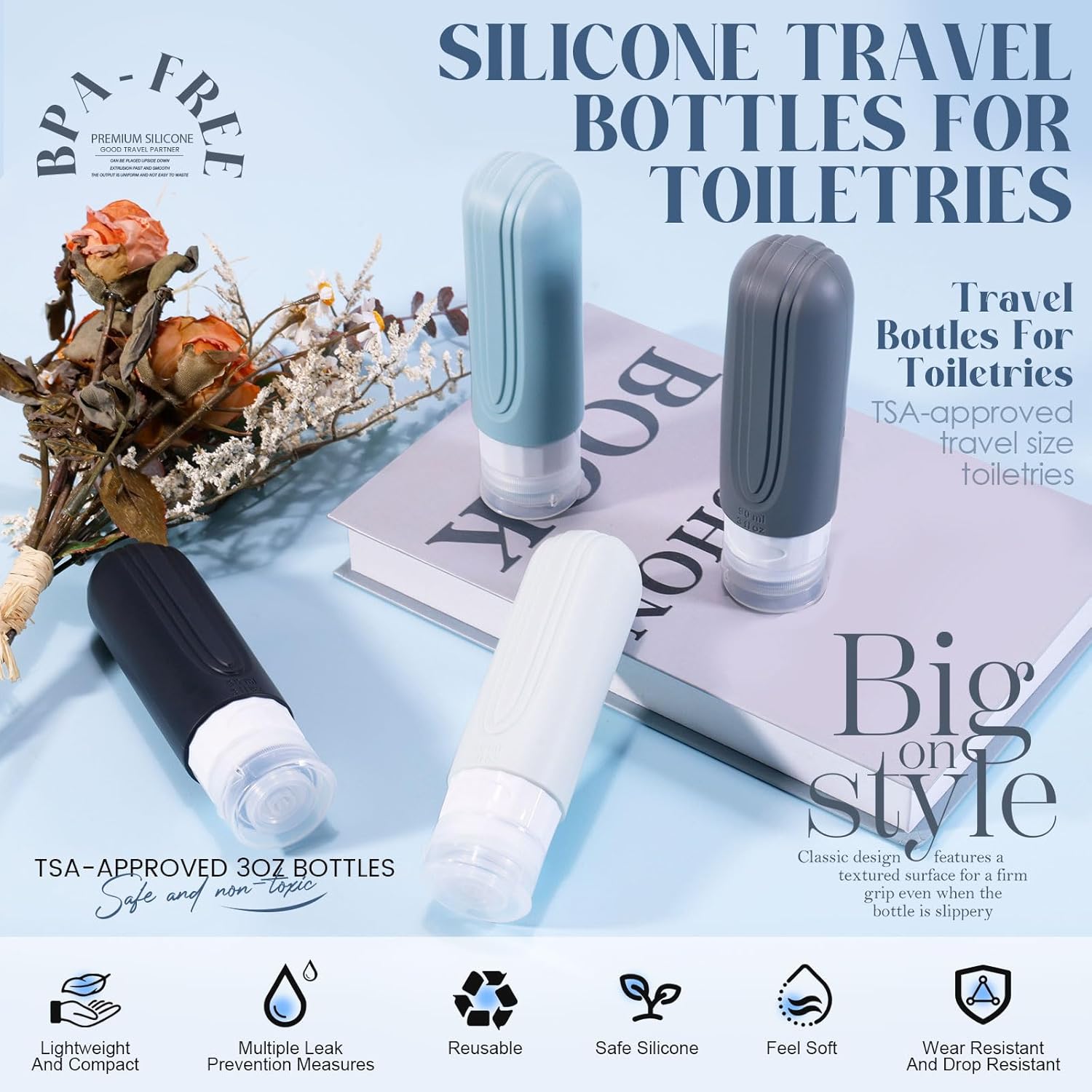 Travel Bottles for Toiletries, 3oz TSA Approved Travel Size Toiletries, Silicone Leak-Proof Refillable Containers, Squeezable Liquid Essentials Bottles W/Clear Bag (GRAY)