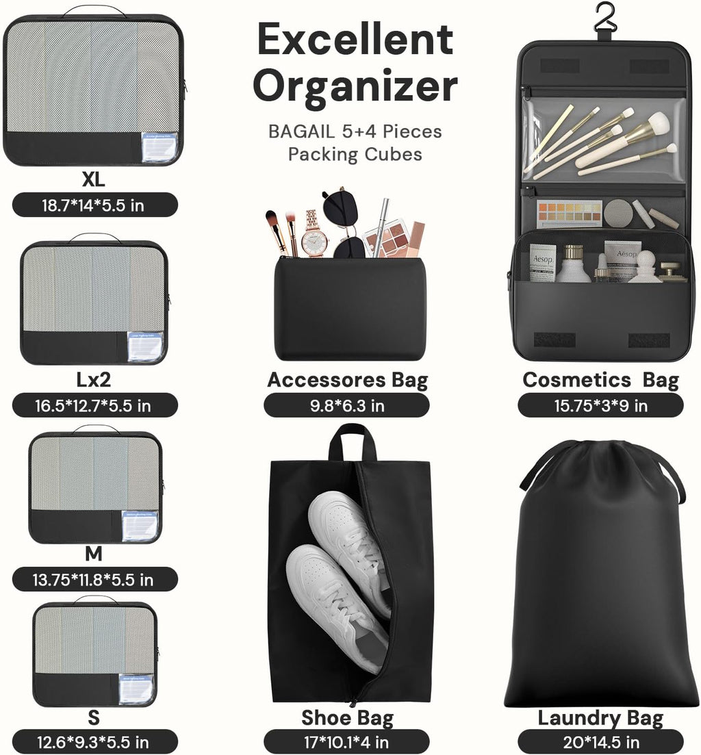 BAGAIL 9 Set Packing Cubes with Packing List Luggage Packing Organizers for Travel Accessories (Black)