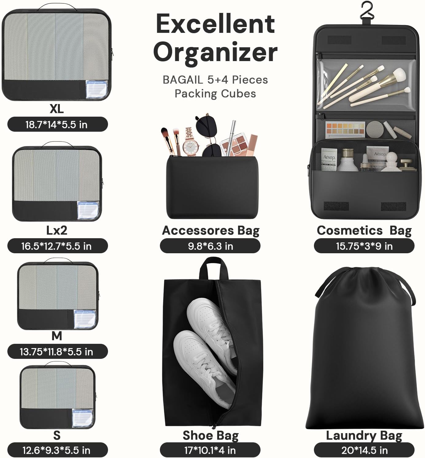 BAGAIL 9 Set Packing Cubes with Packing List Luggage Packing Organizers for Travel Accessories (Black)
