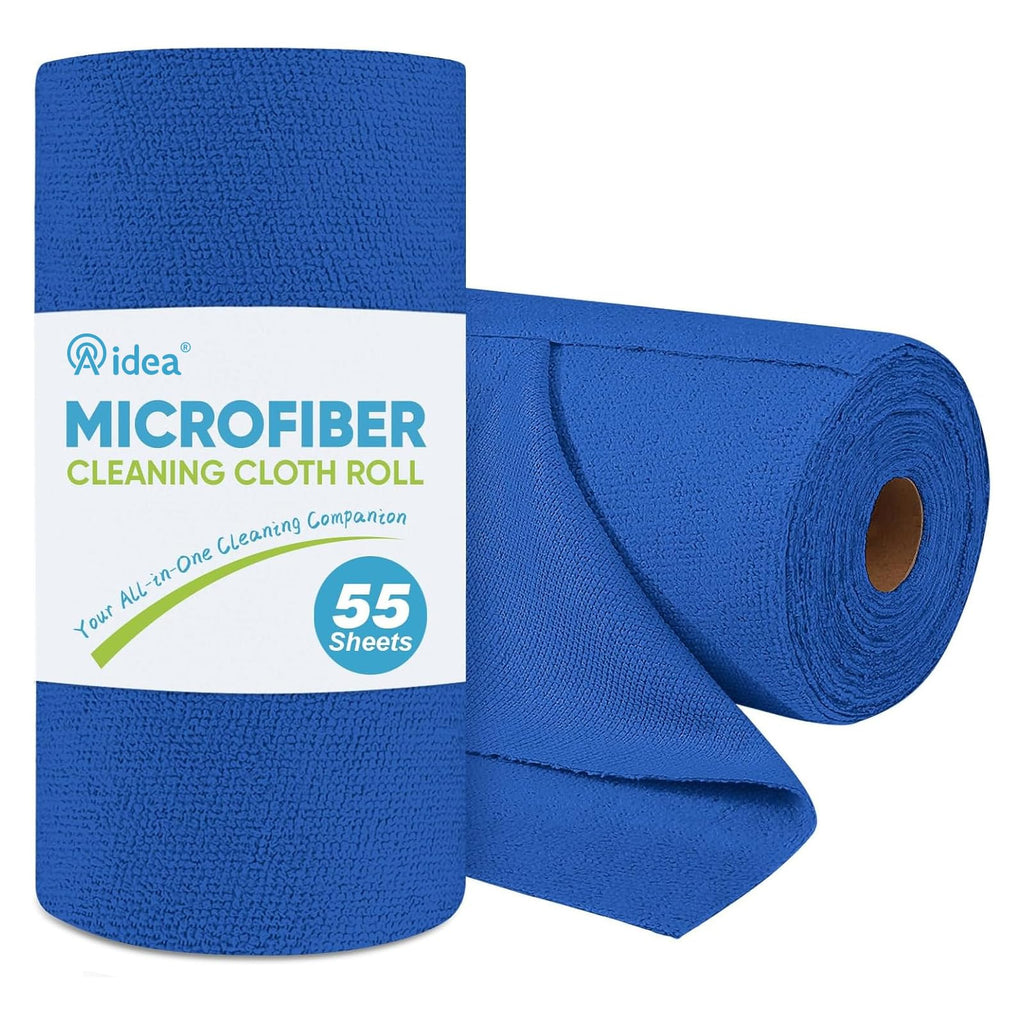 AIDEA Microfiber Cleaning Cloth Roll, Blue Shop Towels 55 Sheets 11×9" | Reusable Paper Towels, Microfiber Towels for Cars, Microfiber Rags for Automotive,Workshop, House, Kitchen, Cleaning Supplies