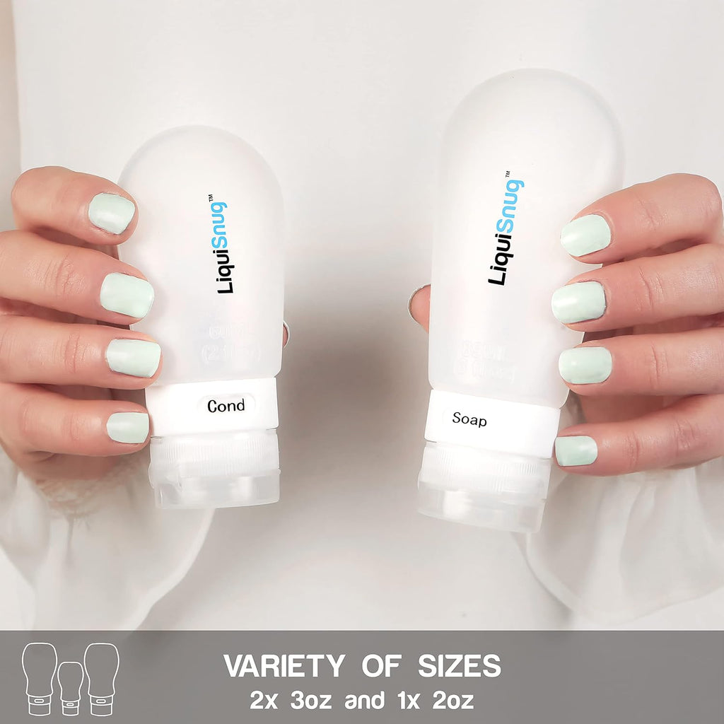 LiquiSnugs Premium - 100% Guaranteed Leak Proof Silicone Travel Bottles For Toiletries - TSA Approved Container. Premium Range Travel Shampoo Bottles with Suction Cups and Adjustable Labels