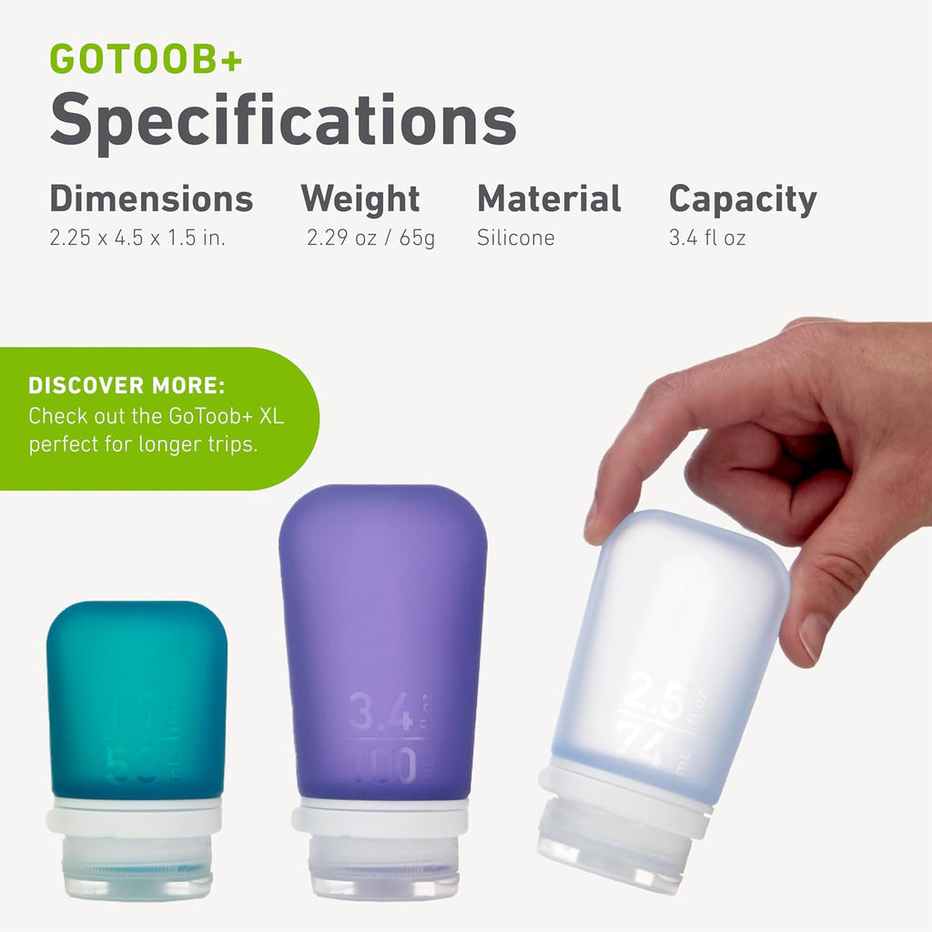 humangear GoToob+ (Large) | Refillable Silicone Travel Bottle | Locking Lid | Food-Safe Material | Teal, Large (3.4 fl.oz.; 100ml) | Refillable & Leak-Proof Silicone Travel Size Bottles with Locking Cap for Toiletries, Camping & TSA Carry-On