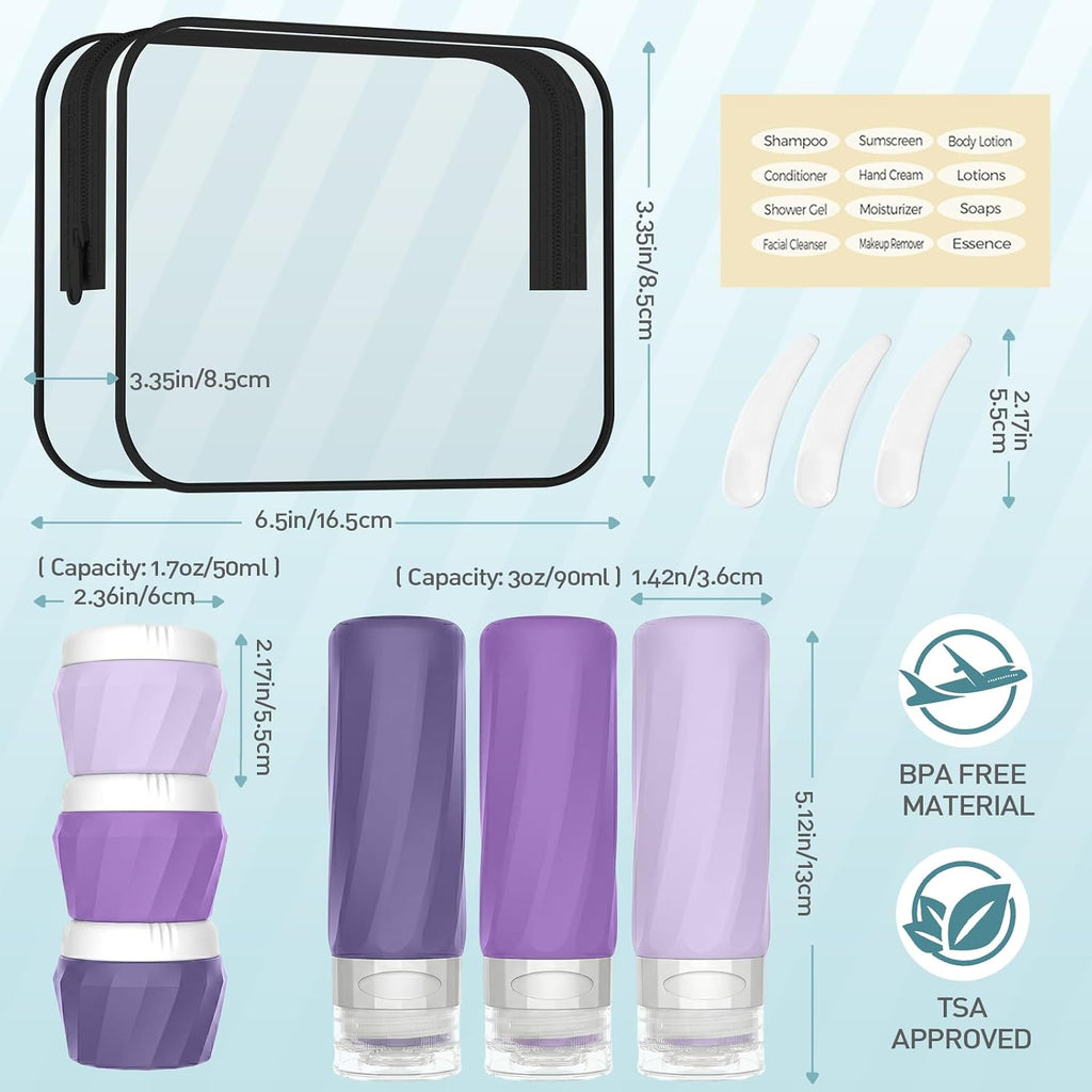 6Pcs Travel Bottles for Toiletries, Silicone Travel Size Containers Set | TSA Approved BPA-FREE Silicone Leak Proof Refillable Bottles and Jars, Women & Men Airplane Cruise Essentials Kit (PURPLE)