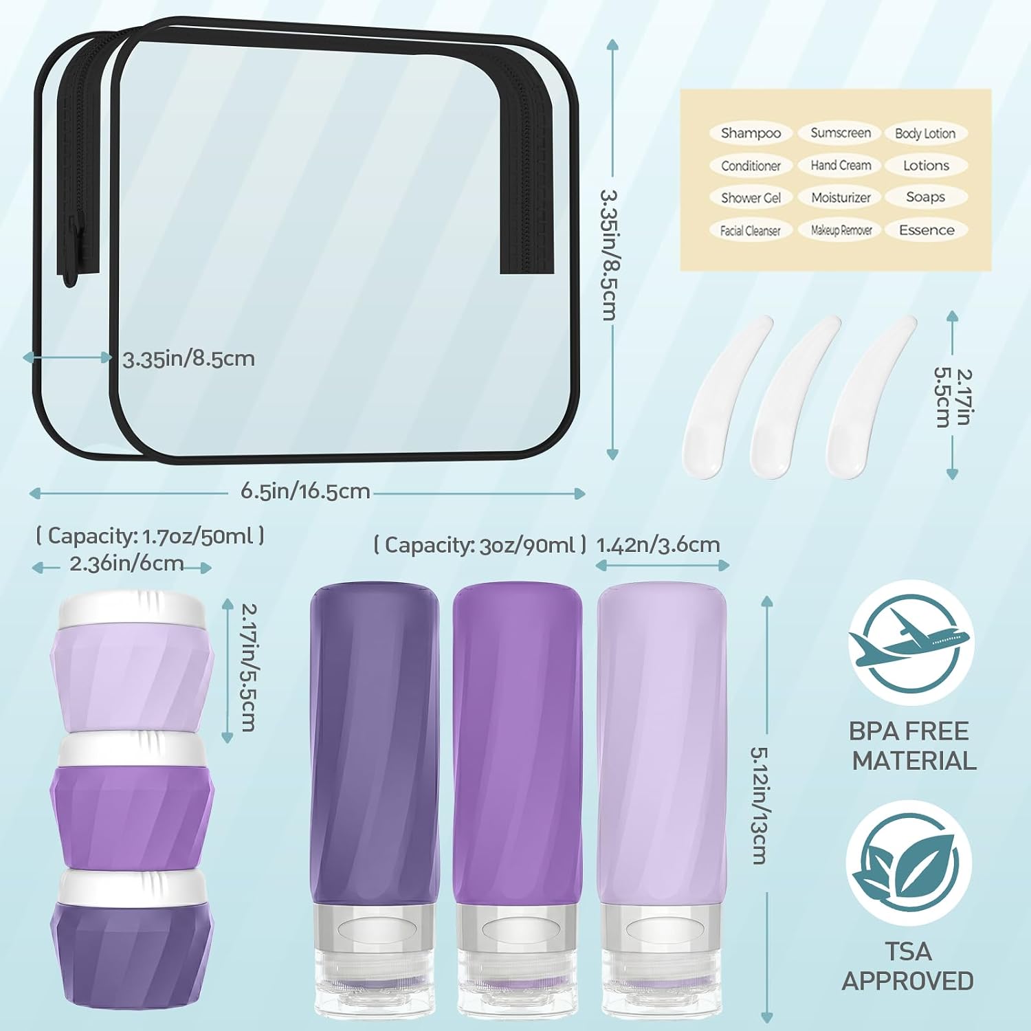 6Pcs Travel Bottles for Toiletries, Silicone Travel Size Containers Set | TSA Approved BPA-FREE Silicone Leak Proof Refillable Bottles and Jars, Women & Men Airplane Cruise Essentials Kit (PURPLE)