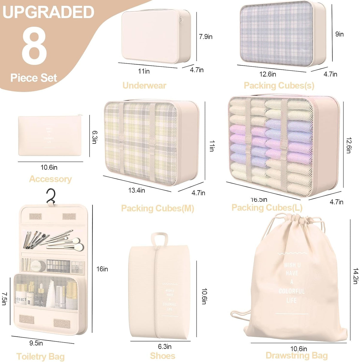 8 Set Packing Cubes for Travel,Suitcase Organizer Bags for Luggage with Shoe & Hanging Toiletry Bag, Vacation Essentials & Accessories for Cruise Ship, Airplane Must-Have,Road Trip & Camp Gifts(Cream)
