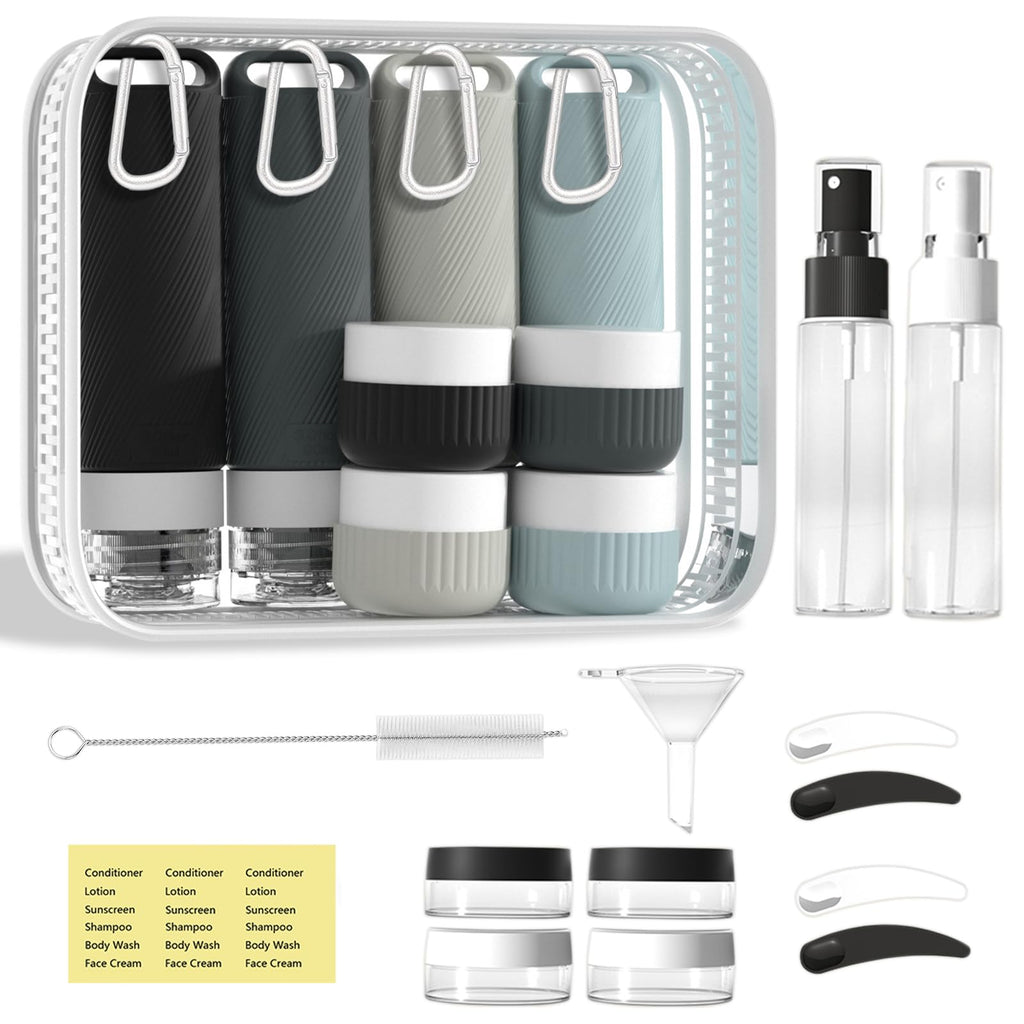 Travel Toiletry Containers 26Pcs Silicone Leakproof TSA Approved Set | Travel Bottles with Hanging Holes & Carabiners, Space Saving Portable, Easy Clean for Trips and Weekend Getaways