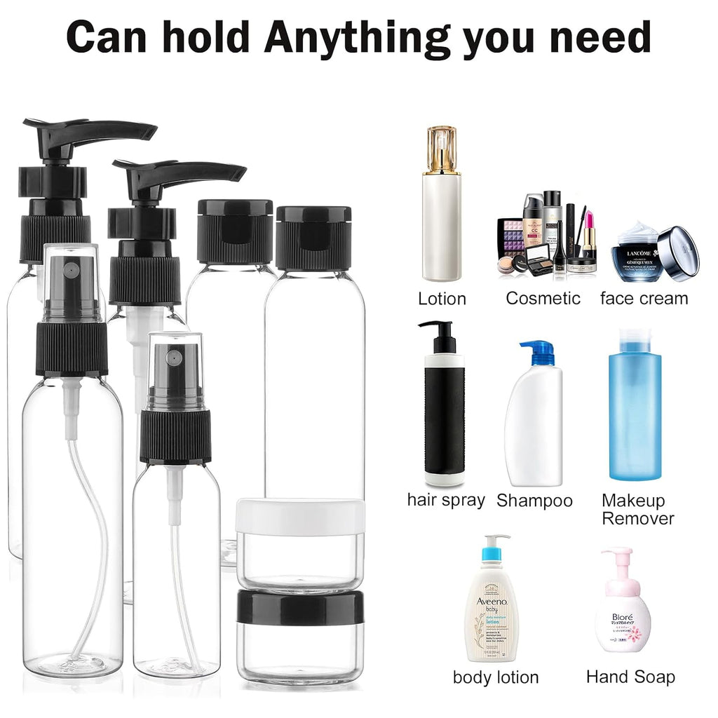 Cosywell 13-Piece 2 oz TSA Approved Travel Bottles for Toiletries Kit | Refillable set Includes Pump, Spray and Flip-cap Bottles, Cream Jars, Spatulas, Funnel and Clear Bag for Shampoo and Lotion