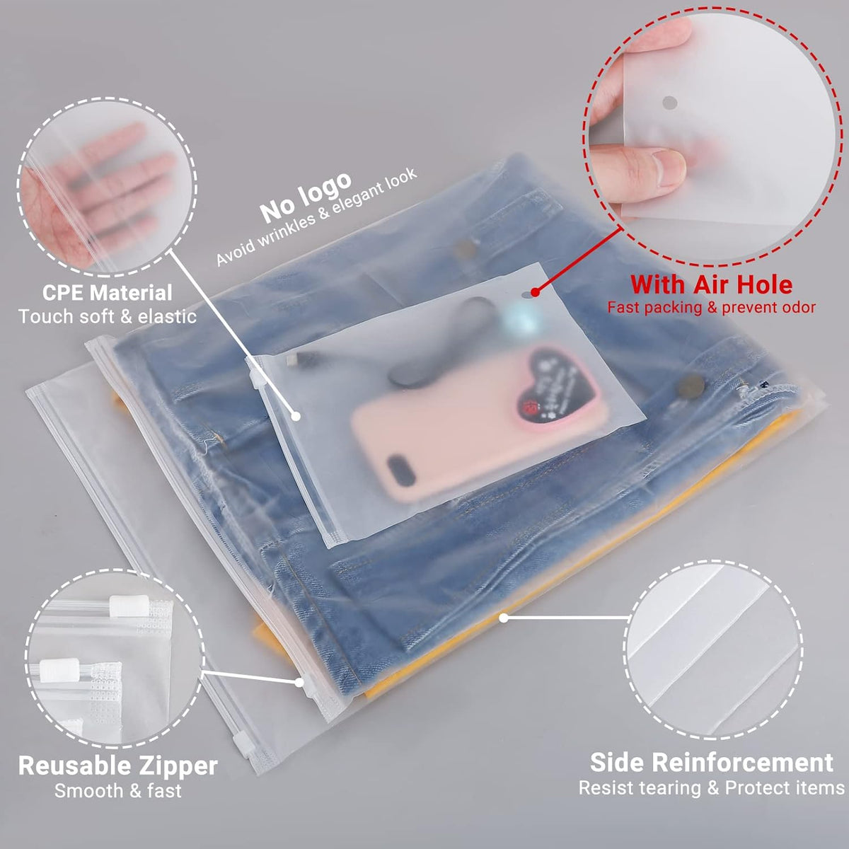 Shirt Packaging Bags, 50PCS 11x15 inch Reclosable Poly & Plastic Packaging Bags for Clothing, T-Shirts, Jeans, Pants, Zip Lock with Vent Hole for Travel Storage, Frosted, 3 Mil