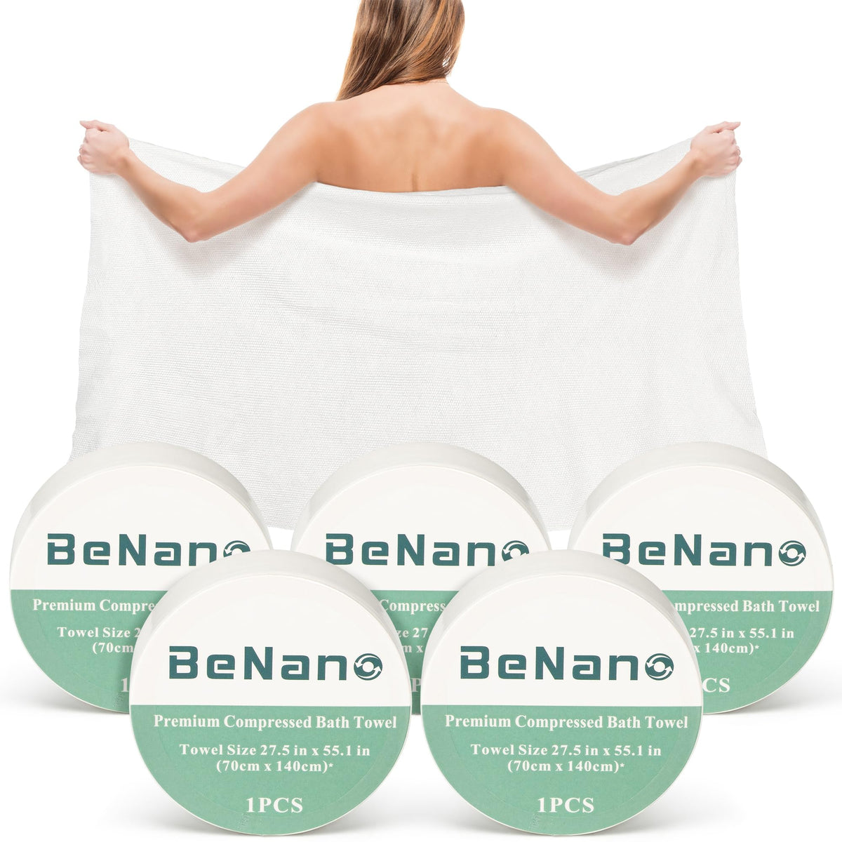 Benano 55.1x27.5 in Compressed Bath Towel Tablets | Travel Towel, 5 Pack | Water-activated, large reusable compact bath towels. Perfect for camping, hotel, hiking, sports, beach, swimming, vacation.