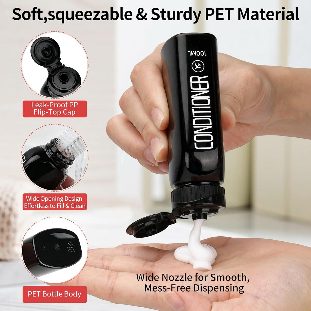 Cosywell Travel Bottles for Toiletries 10PCS 100ml/3.4oz Pre-Printed Shampoo, Conditioner & Body Wash TSA Approved 2oz Spray Bottle Leakproof 0.35oz Plastic Cream Jars Refillable Cream Lotion(Black)