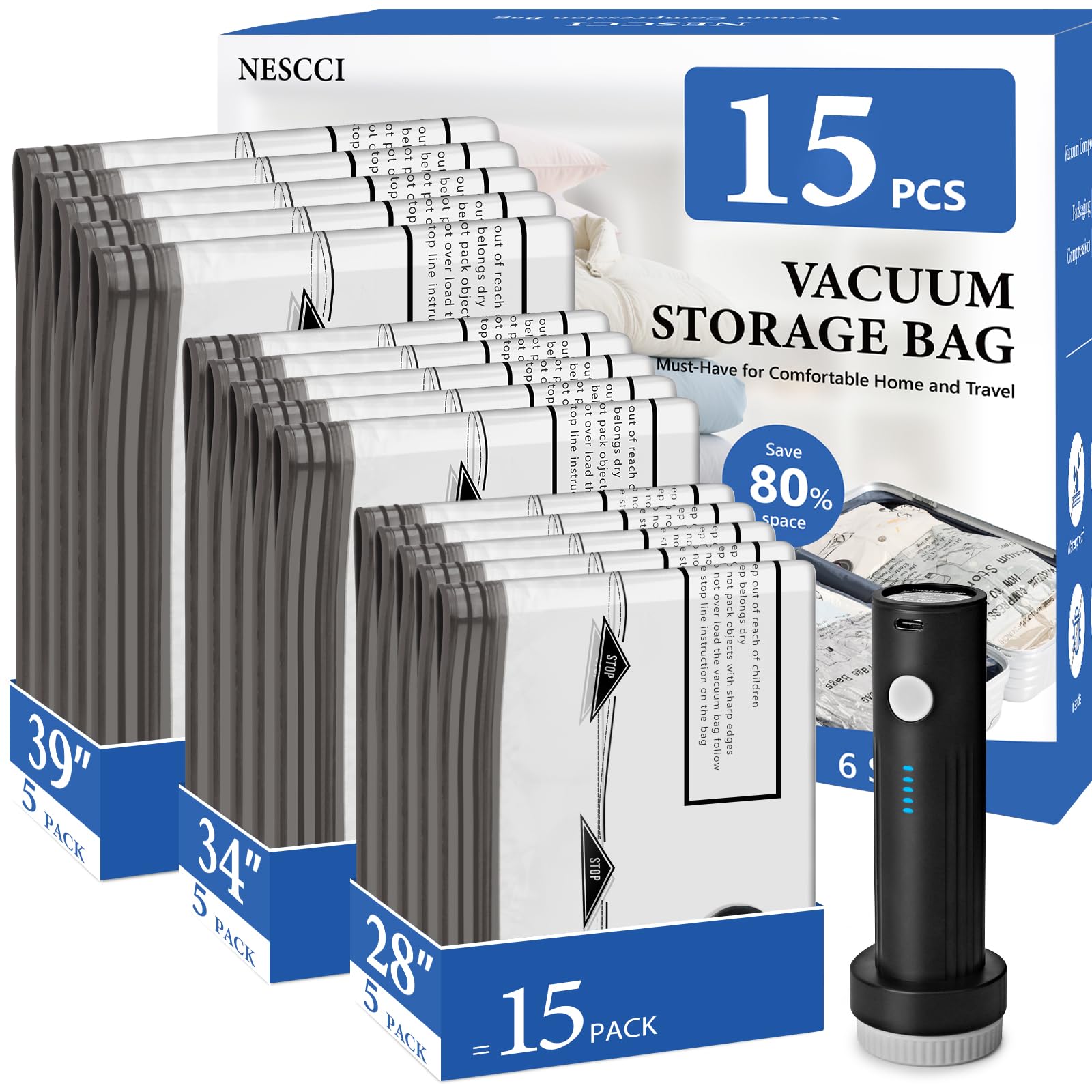 18 Pack Travel Vacuum Bags for Clothing with Rechargeable Wireless Air Pump | Compression Seal Packing Bags for Luggage Suitcase,Carry-on Size Space Saver Vacuum Storage Bags