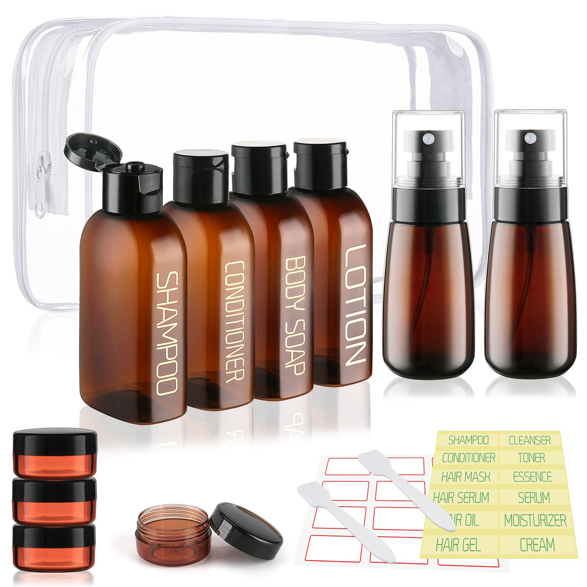 Cosywell Travel Bottles for Toiletries 9PCS 3.4oz White Shampoo Bottles | TSA Approved Travel Size Containers, 2oz Spary Bottle, Leakproof, 0.35oz Plastic Cream Jars, and a Toiletry Bag