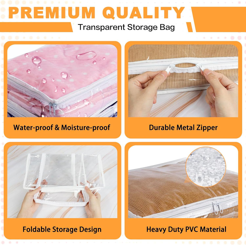 Clear Zippered Plastic Clothes Storage Bags, 6 Pack, White | Clear Storage Bags with Zipper Plastic Storage Bags for Clothes Sweaters Blankets Sheets, Size: 15.7 x 13.8 x 3.9 Inch