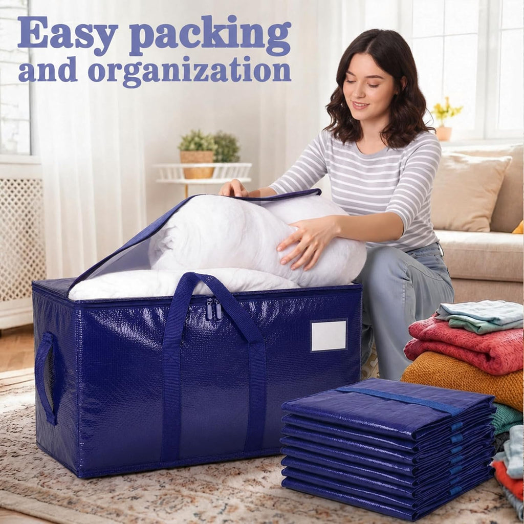 Songrey Extra Large Heavy Duty Moving Bags, 6 Pack, Dark Blue | Storage Bags with Zipper & Handles, Waterproof Totes Bags for Clothes Packing, Moving, College Supplies, Home Organization