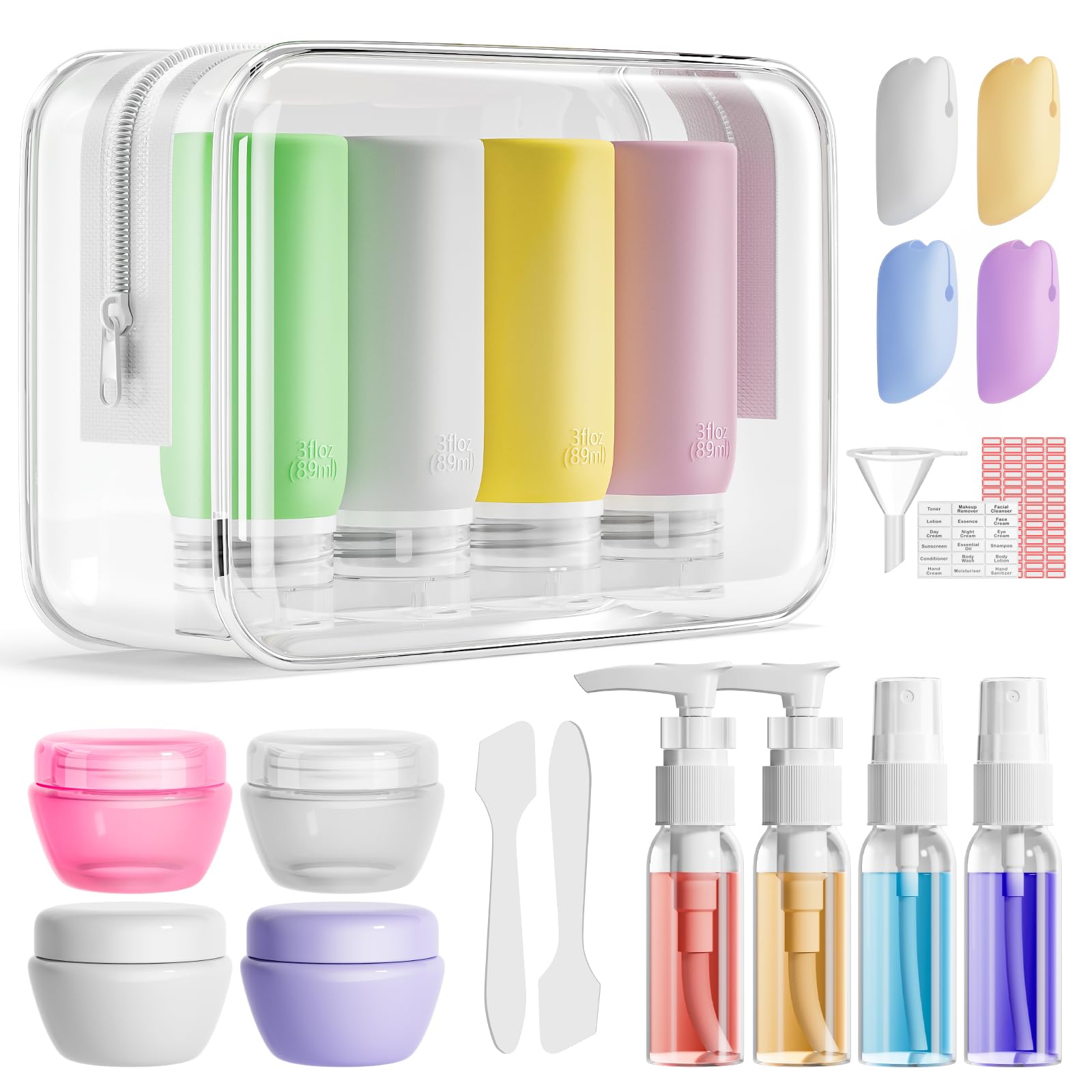 Muslish 21 Pack Travel Bottles for Toiletries, Leak-Proof TSA Compliant Silicone Travel Size Containers for Shampoo and Conditioner, BPA Free with Toiletry Bag (Cream)