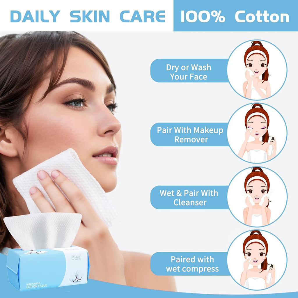 Cotton Facial Dry Wipes 100 Count, Deeply Cleansing Disposable Face Towel Wash Cloth, Multi-Purpose for Skin Care, Make-up Wipe, Face Wipes and Facial Cleansing