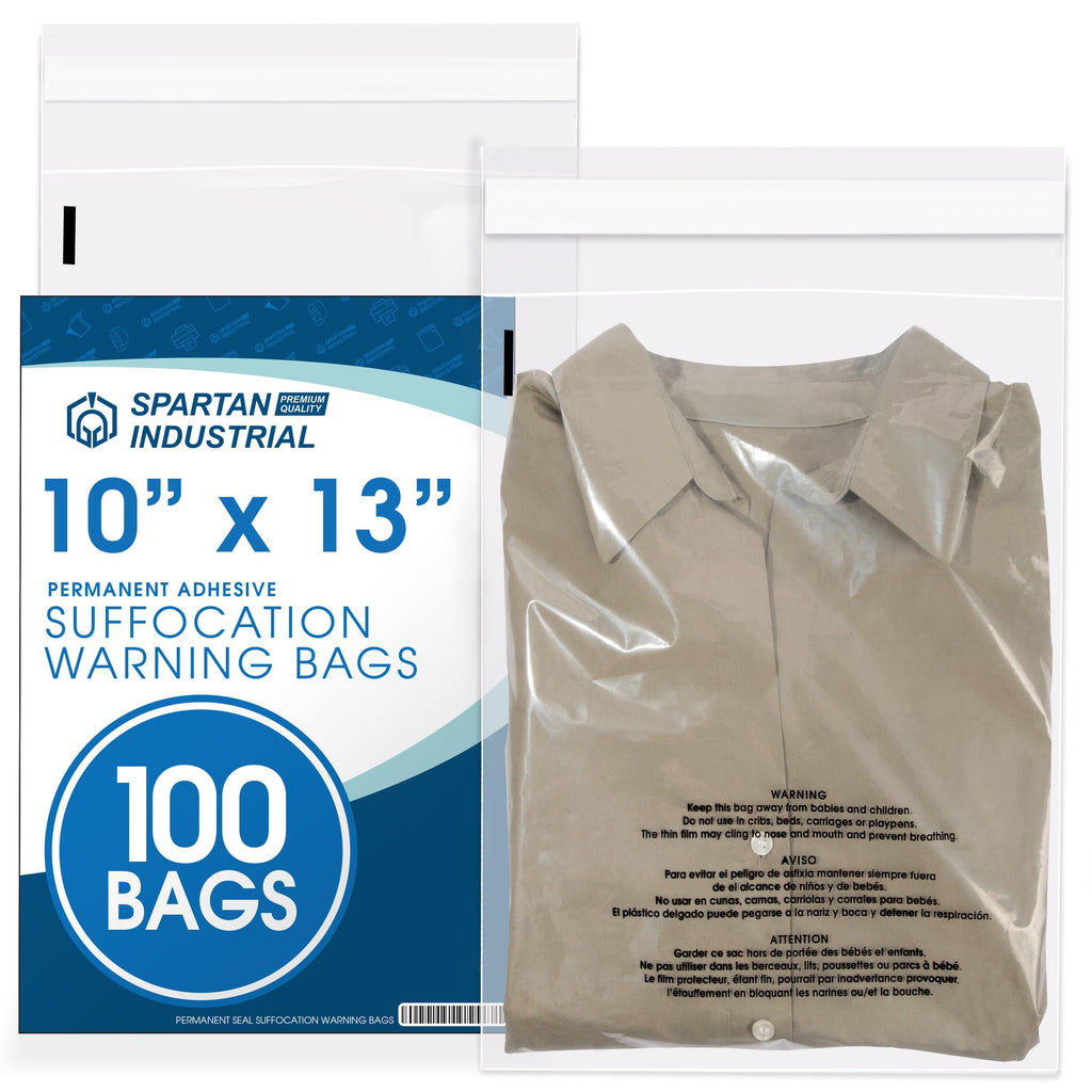 12" X 18" (500 Count) Self Seal Clear Poly Bags with Suffocation Warning | for Packaging and Clothes - Permanent Adhesive - Spartan Industrial
