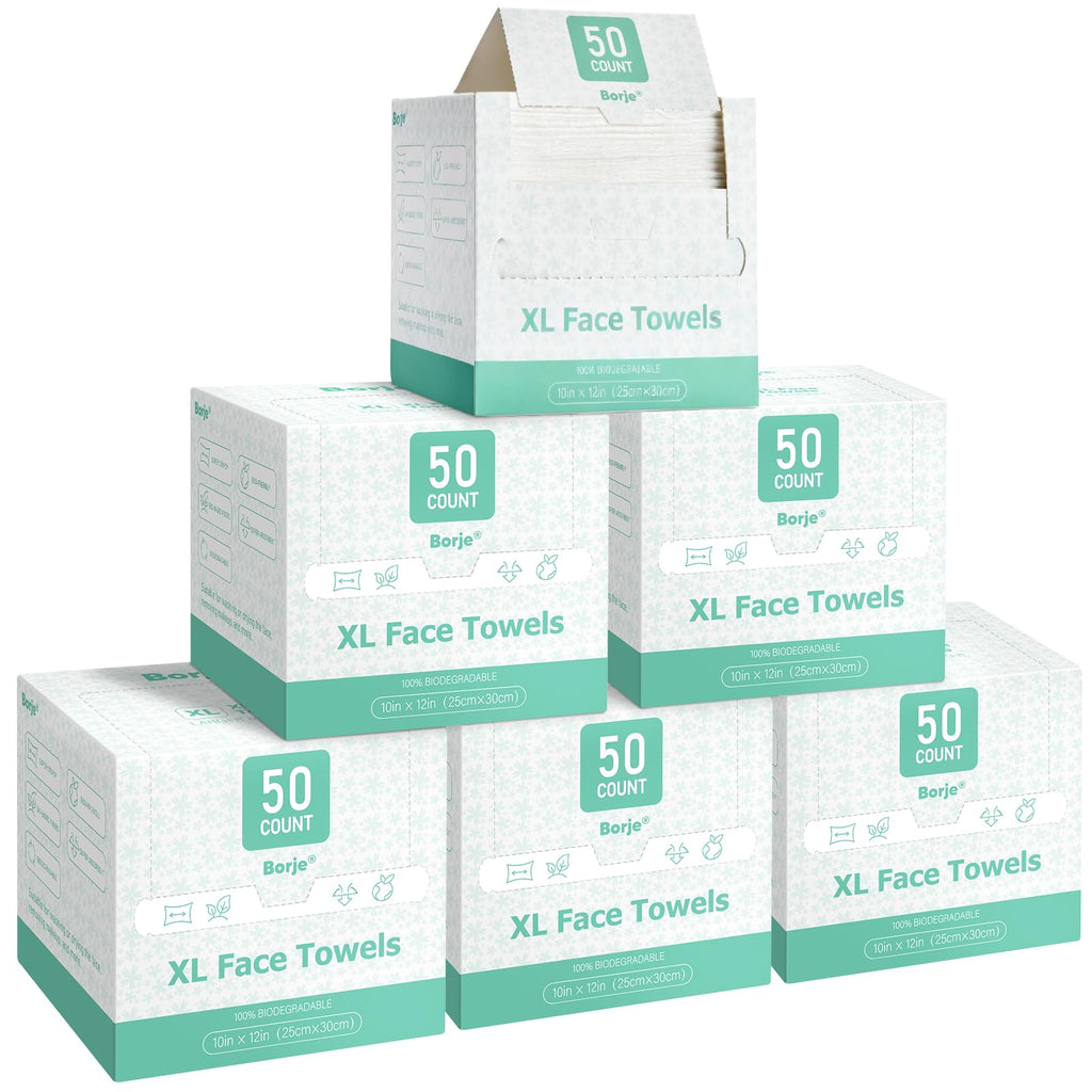 Borje Face Towels XXL, Disposable Face Towel 10" x 12", 100 Count (2 Packs of 50), 100% USDA Biobased Facial Towelettes, Ultra Soft & Hygienic Makeup Remover Dry Wipes for Women Cleansing