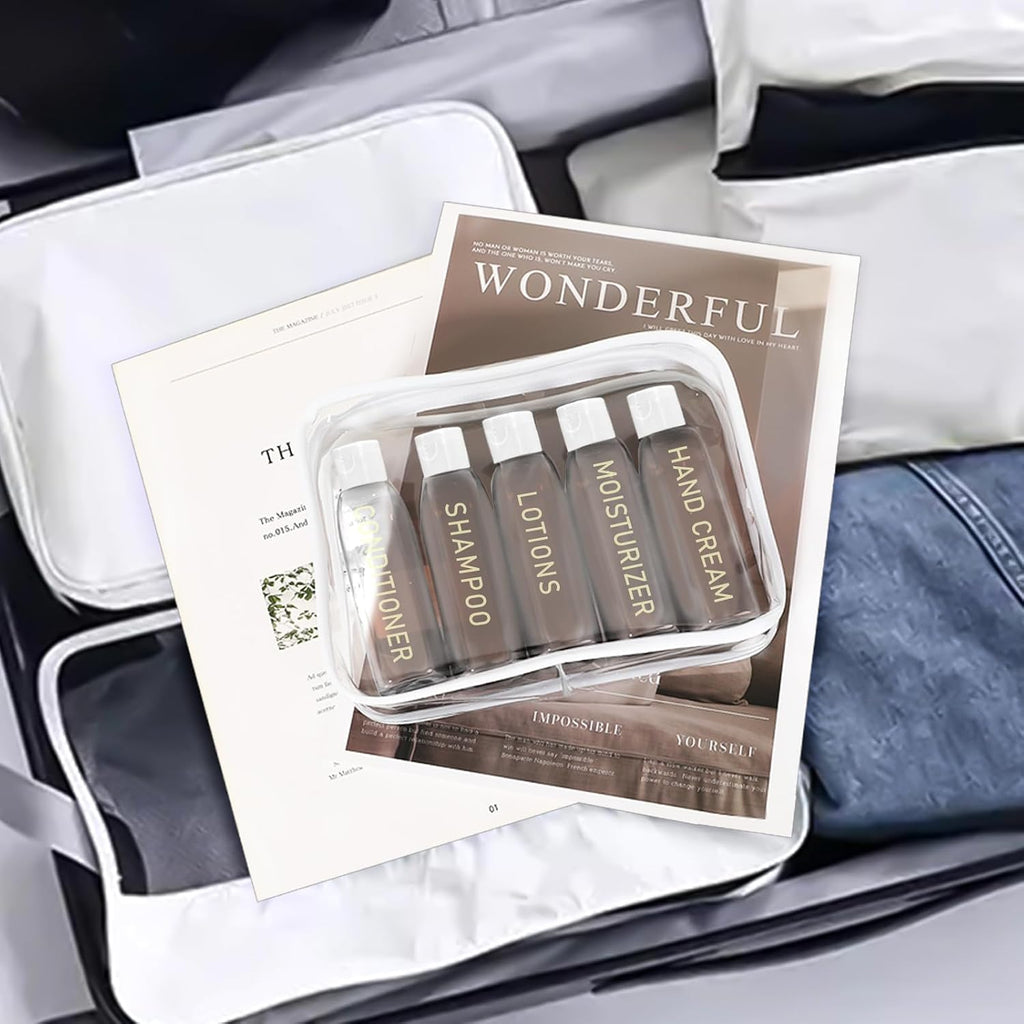 5 Pack Travel Bottles for Toiletries, 3.4oz TSA Approved Travel Containers | Leak Proof Refillable Travel Accessories for Shampoo Conditioner, Plastic Travel Bottles with Toiletry Bag and Label