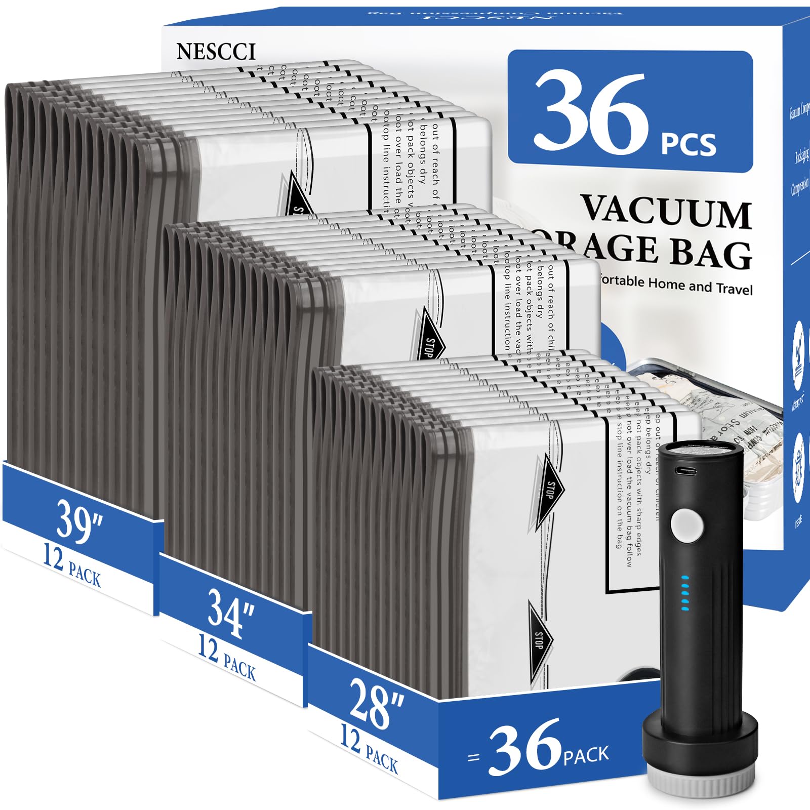 18 Pack Travel Vacuum Bags for Clothing with Rechargeable Wireless Air Pump | Compression Seal Packing Bags for Luggage Suitcase,Carry-on Size Space Saver Vacuum Storage Bags