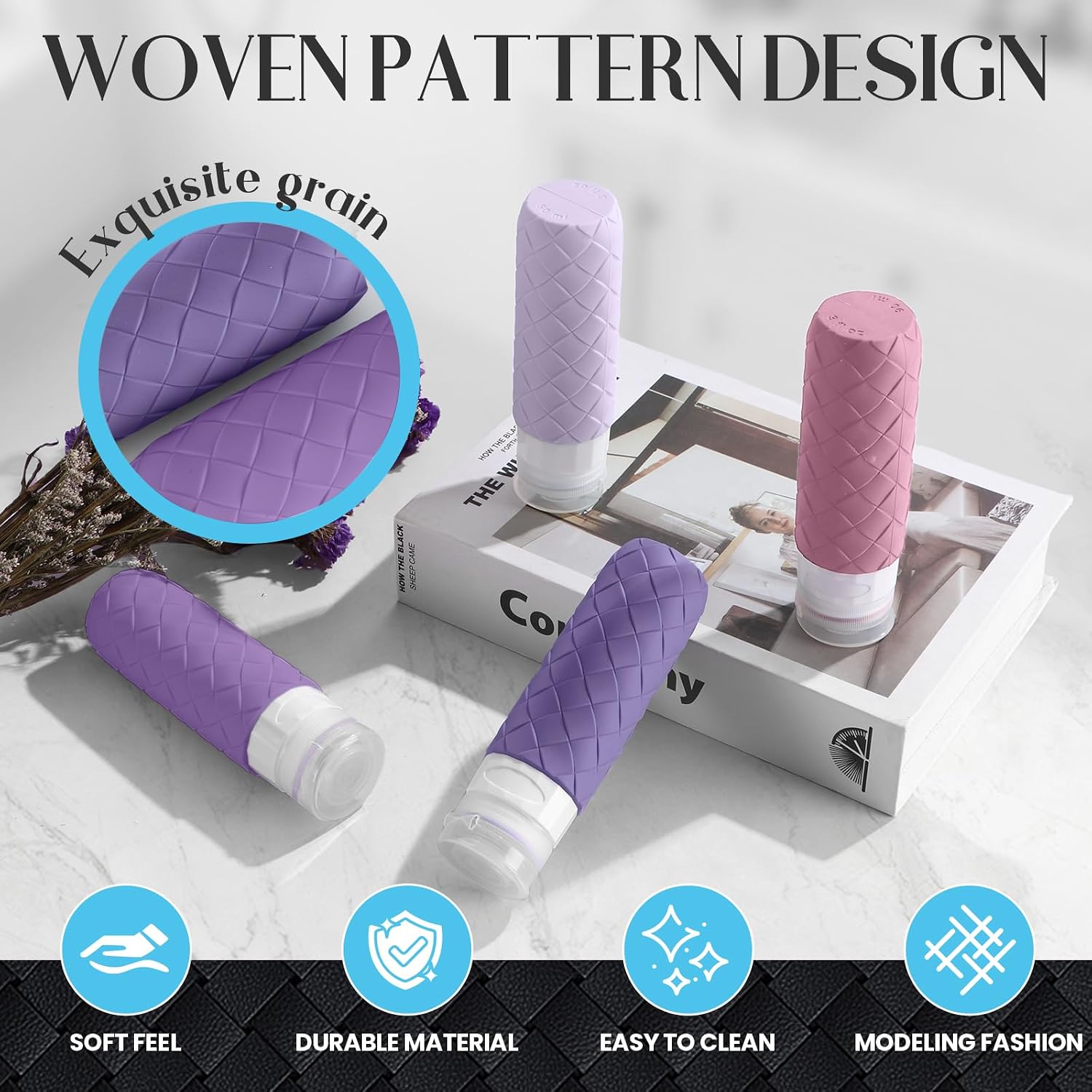 Silevoler Travel Bottles for Toiletries, TSA-Approved Travel Size Container | Woven Pattern BPA Free Silicone Leak Proof Refillable Liqus Shampoo And Conditioner Essentials Toiletry Bottles(Purple)