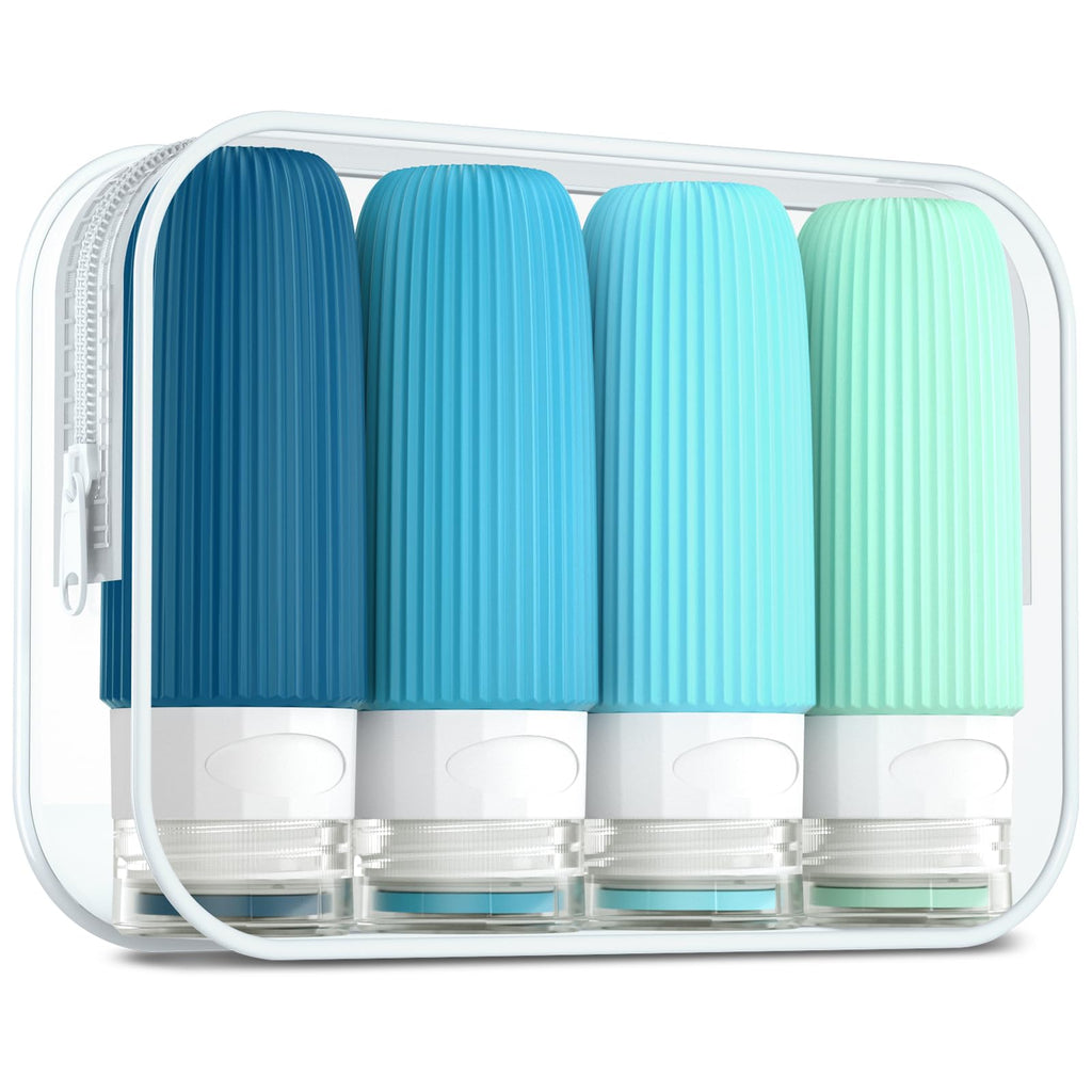 Mrsdry Travel Bottles for Toiletries, Tsa Approved 3oz Portable Travel Bottles, BPA Free Leak Proof Squeezable Silicone Travel Size Containers, Travel Accessories with Clear Toiletry Bag (4 Pack)