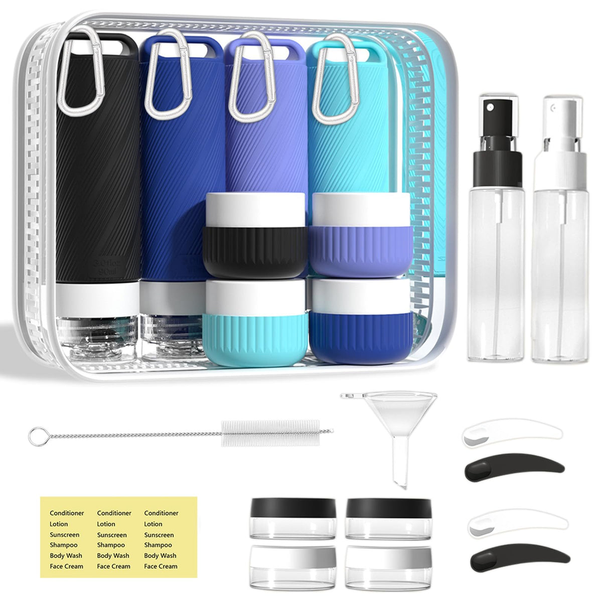 Travel Toiletry Containers 26Pcs Silicone Leakproof TSA Approved Set | Travel Bottles with Hanging Holes & Carabiners, Space Saving Portable, Easy Clean for Trips and Weekend Getaways