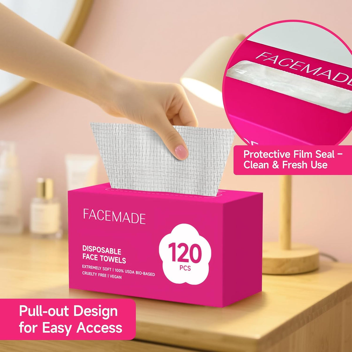 FACEMADE 120 Count Face Towels Disposable | 20% More Than Others | Lint-free and Odor-free | Perfect for Remove, Cleanse and Dry