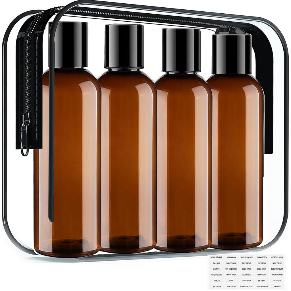 Toiletry Travel Bottles for Men Women, 3.4oz/100ml Refillable Plastic Containers with TSA Approved Toiletry Bag - Clear Cosmetic Kit for Shampoo, Conditioner, Lotion and Travel Essential(4Pack, Black)