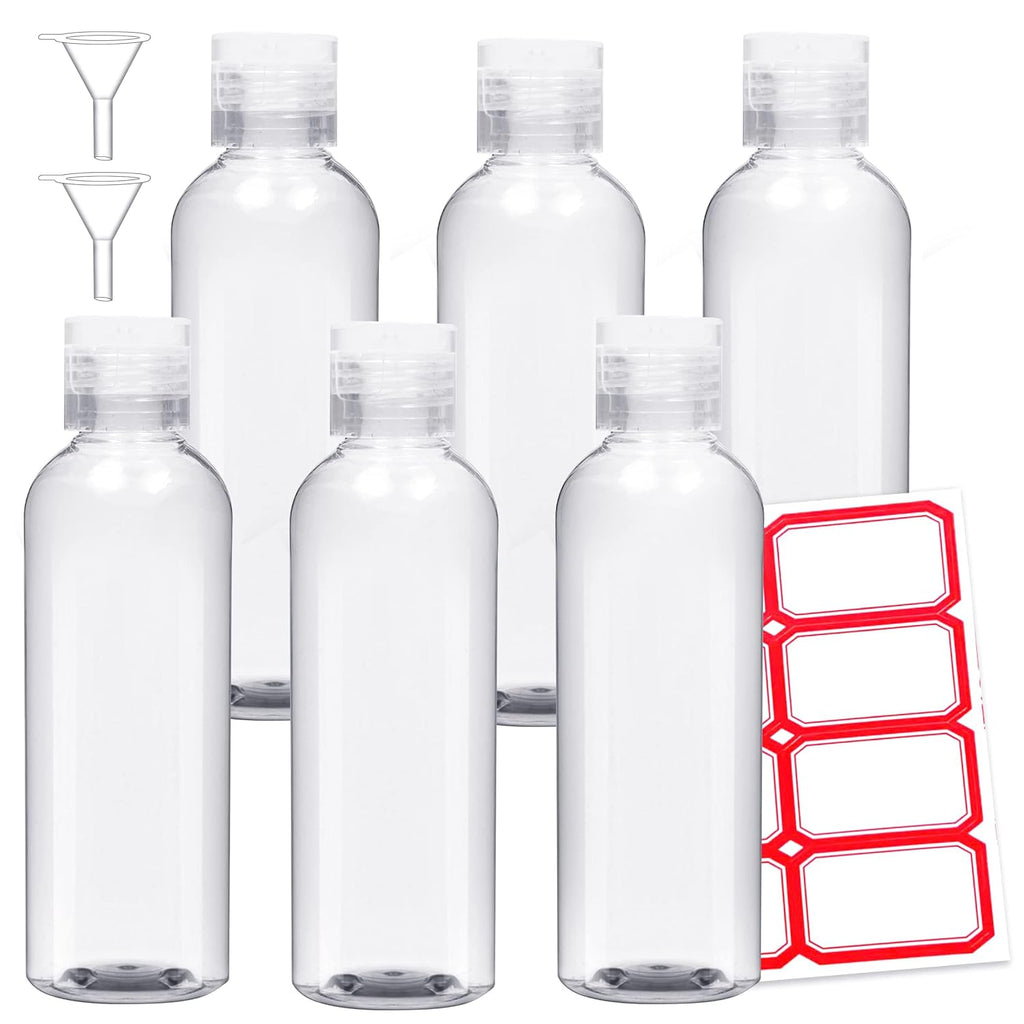 6 Pack Travel Bottles - Travel Containers for Toiletries - TSA Approved Size - Refillable Empty Plastic Bottles with 2 Labels, Funnels & Carry Bag - For Shampoo, Lotion, Conditioner, Sanitizer - 3.4oz