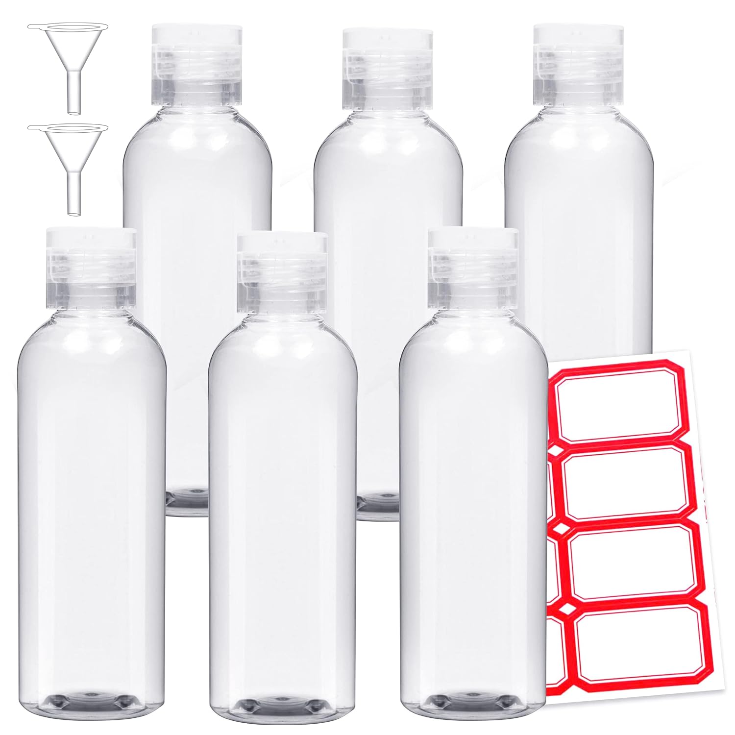 6 Pack Travel Bottles - Travel Containers for Toiletries - TSA Approved Size - Refillable Empty Plastic Bottles with 2 Labels, Funnels & Carry Bag - For Shampoo, Lotion, Conditioner, Sanitizer - 3.4oz