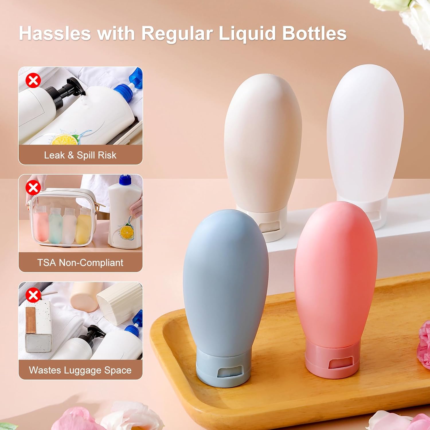 Anntrue Travel Bottles for Toiletries 4 Pack, TSA Approved 2 oz Travel Size Containers, Leak Proof Refillable Squeeze BPA Free Shampoo & Conditioner Bottles with Labels (Gray)