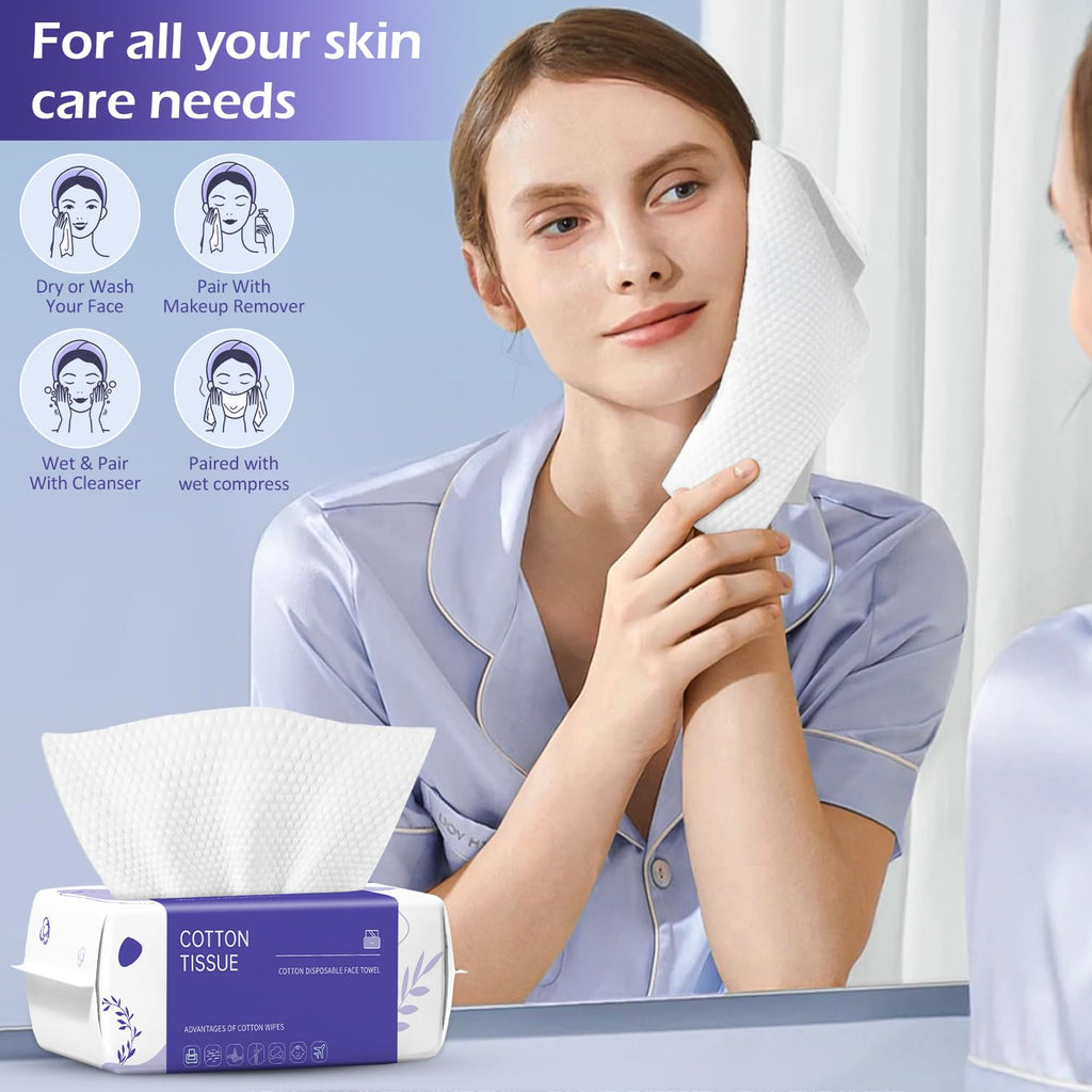 Disposable Face Towel 100 Count, Face Towels, Soft Cotton Dry Wipes Facial Cloths Towelettes for Washing and Drying, Facial Tissue for Cleansing, Skincare and Makeup Remover