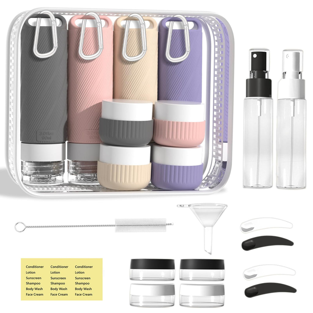 Travel Toiletry Containers 26Pcs Silicone Leakproof TSA Approved Set | Travel Bottles with Hanging Holes & Carabiners, Space Saving Portable, Easy Clean for Trips and Weekend Getaways