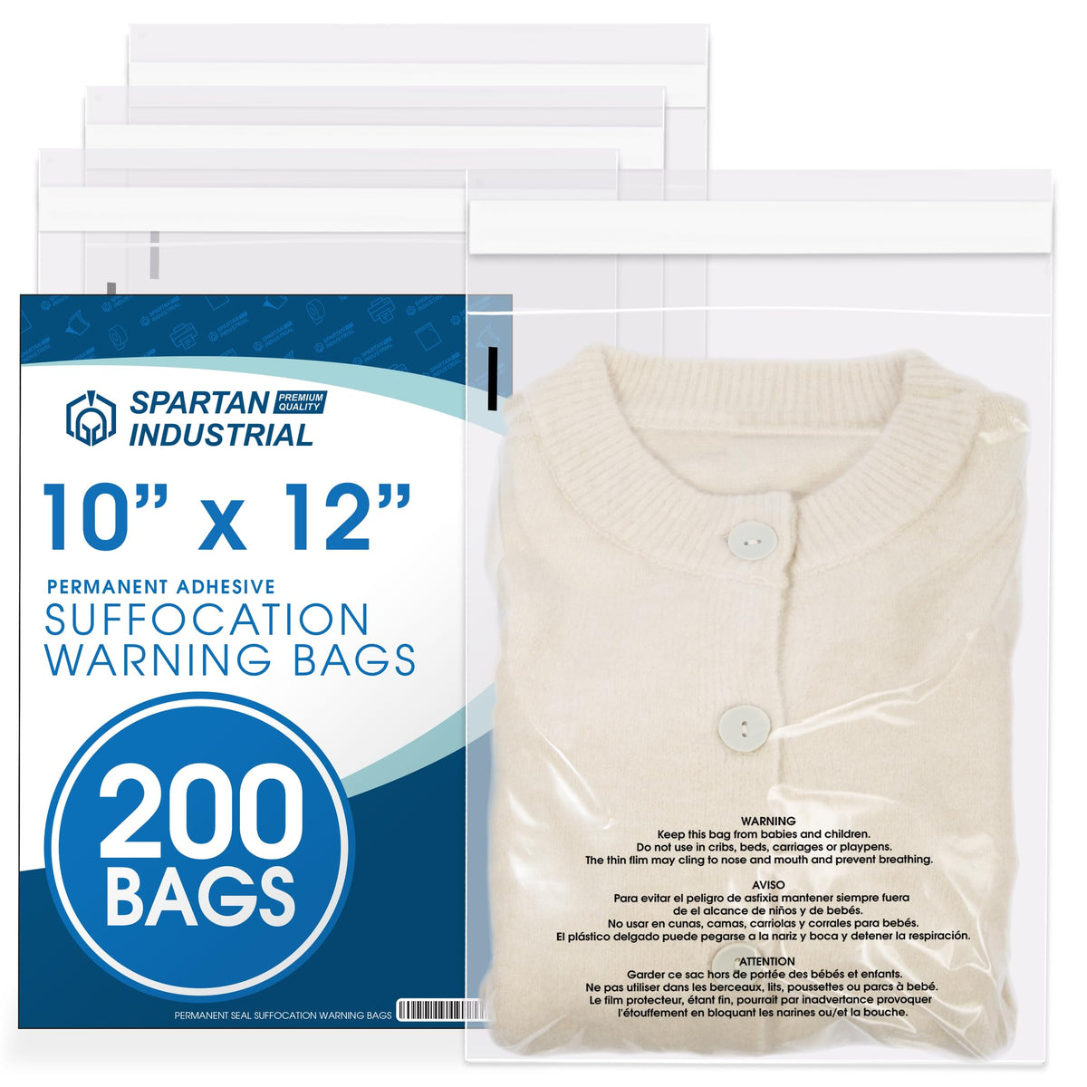 14” X 20” (200 Count) Self Seal Clear Poly Bags with Suffocation Warning | for Packaging, Clothes - Permanent Adhesive - Spartan Industrial