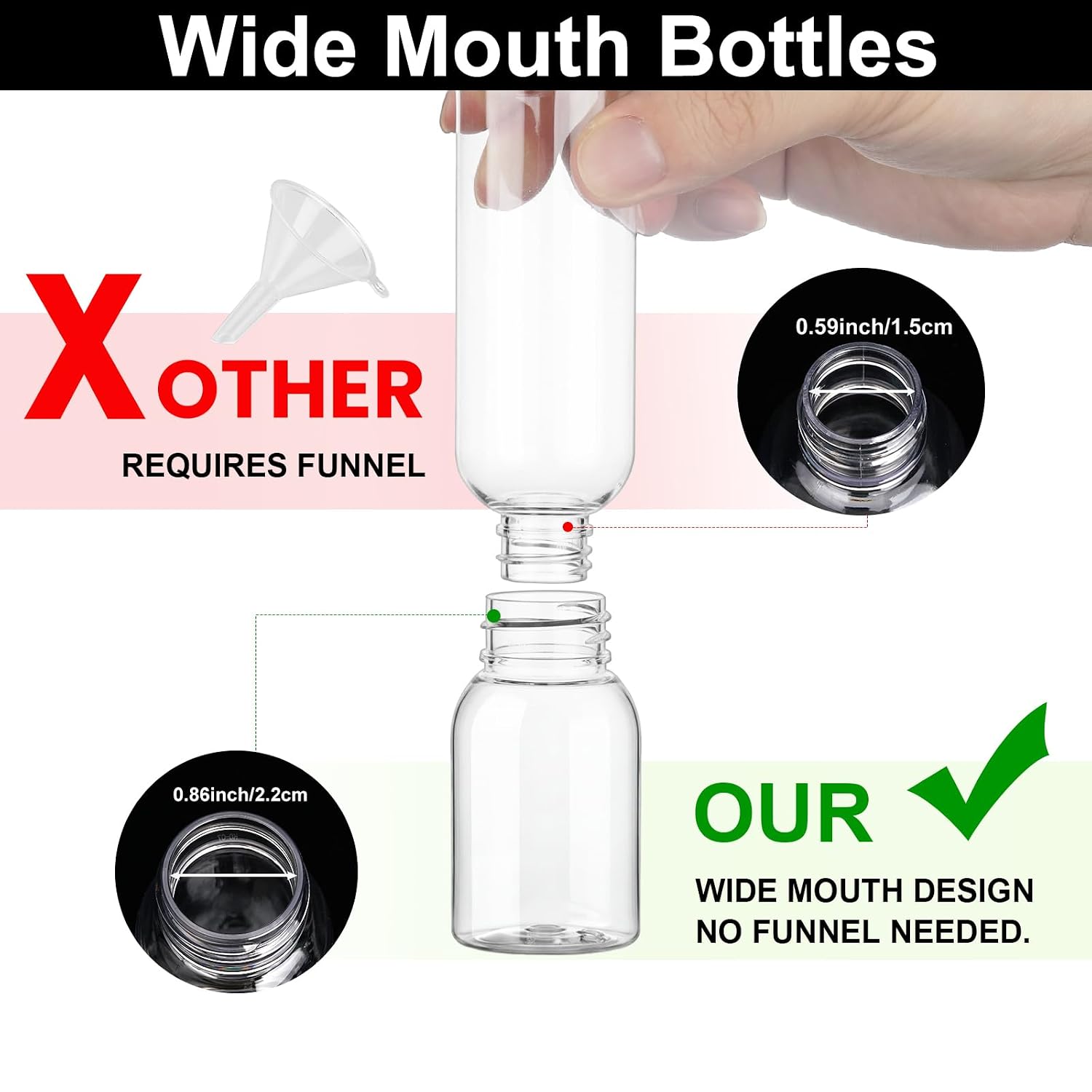 Travel Bottles for Toiletries 6 Pack 2.2oz Leak Proof Containers | Wide Mouth, TSA Approved, Refillable Squeeze Bottles with Flip Cap, for Shampoo Conditioner Body Wash Lotion(Clear)