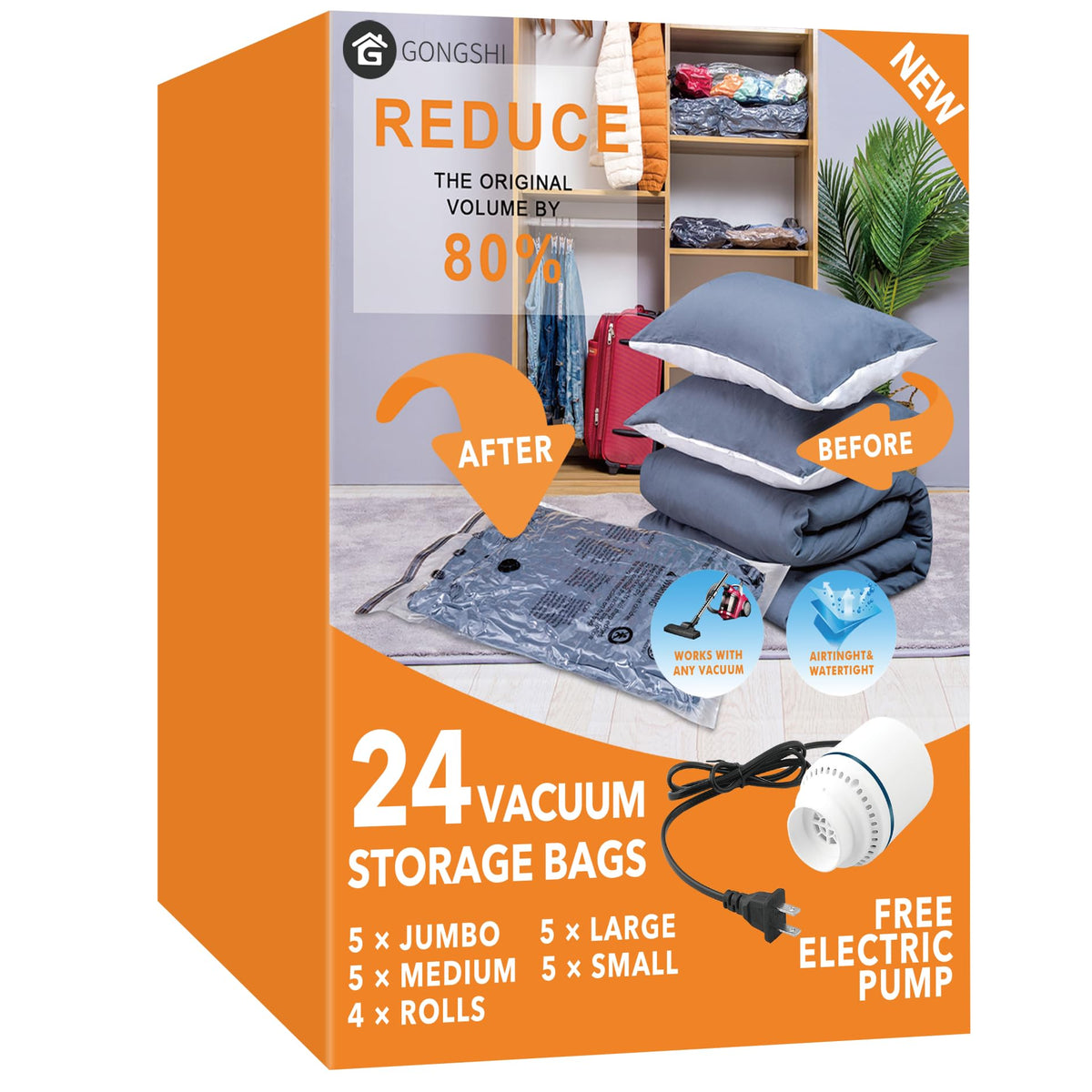 GONGSHI Vacuum Seal Bags for Clothing Travel & Home Storage, Travel Vacuum Bags with Electric Pump,Space Saver for Blankets, Comforters, Pillows, Clothes,32 Combo
