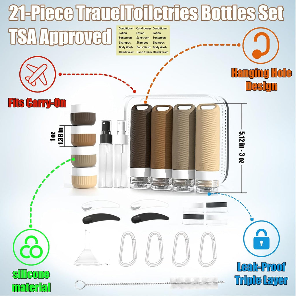 Travel Toiletry Containers 26Pcs Silicone Leakproof TSA Approved Set | Travel Bottles with Hanging Holes & Carabiners, Space Saving Portable, Easy Clean for Trips and Weekend Getaways