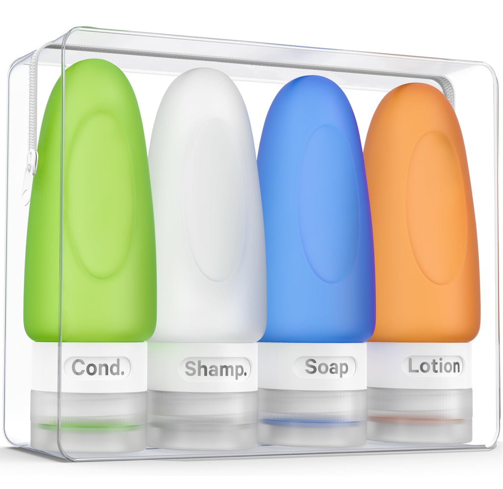 Dot&Dot Leak Proof Travel Bottles - Tubes for Liquid TSA Approved 3oz Silicone Toiletries Travel Shampoo & Conditioner Containers with Labels