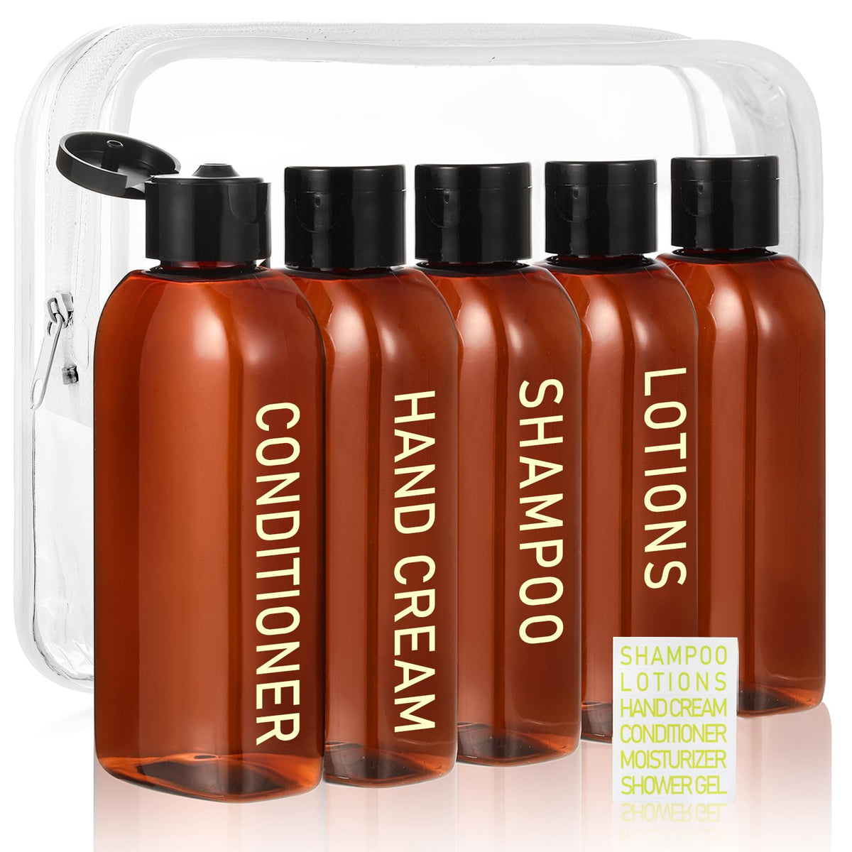 5 Pack Travel Bottles for Toiletries, 3.4oz TSA Approved Travel Containers | Leak Proof Refillable Travel Accessories for Shampoo Conditioner, Plastic Travel Bottles with Toiletry Bag and Label
