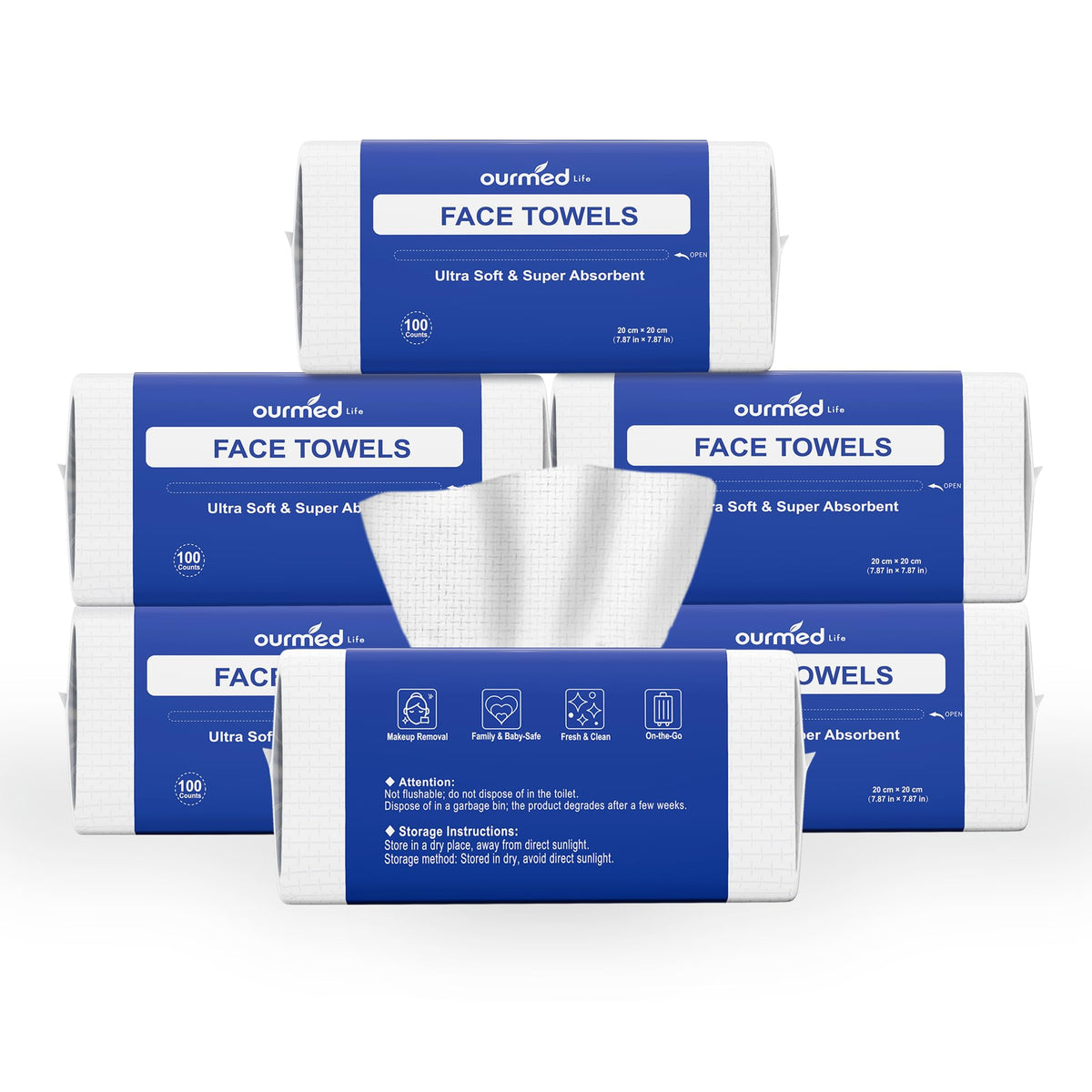 Ourmed Life Face Towels, Disposable Biodegradable Clean Facial Towels for Sensitive Skin, Lint- free Face Cloths for Makeup Remover, Skincare and Women Cleaning, Dry Wipes,100 Count EF Texture | Clinically Tested, Reduce Redness, Skin Soothing, Sensitive