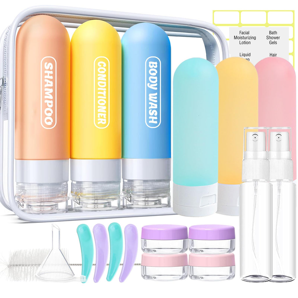 Pre-printed Silicone Travel Bottles for Toiletries 3oz | TSA Approved, Leak Proof, Squeezable Containers For Shampoo Conditioner, Travel Essentials, with Clear Bag, 4 Pack