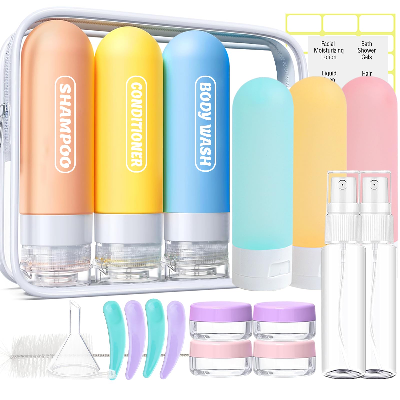 Pre-printed Silicone Travel Bottles for Toiletries 3oz | TSA Approved, Leak Proof, Squeezable Containers For Shampoo Conditioner, Travel Essentials, with Clear Bag, 4 Pack