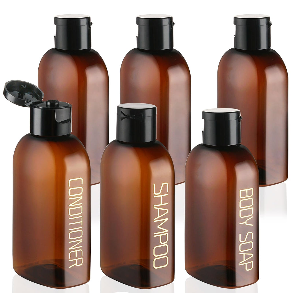Cosywell 4 Pack 3.4 oz Preprinted Travel Bottles for Toiletries | Brown Bottles are Preprinted with SHAMPOO, CONDITIONER and BODY SOAP, One is Blank, Includes Flip Caps and a Toiletry Bag